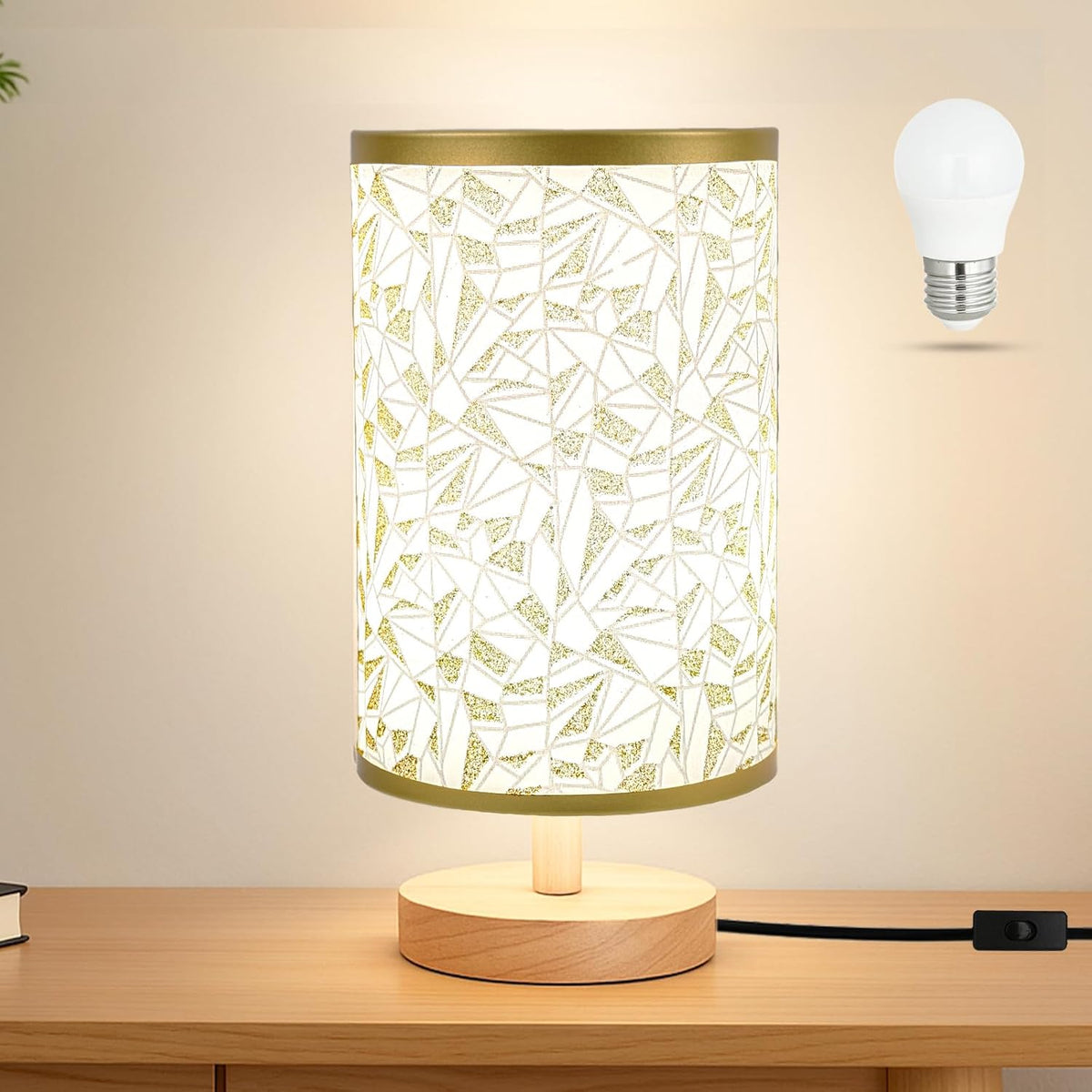 Compact plug-in table lamp with flaxen fabric shade
