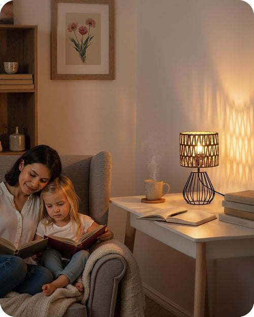Boho table lamp with handwoven shade, view 2