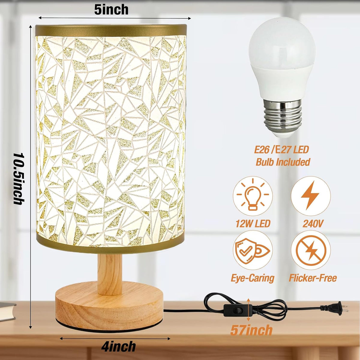 Compact plug-in table lamp with flaxen fabric shade, view 3