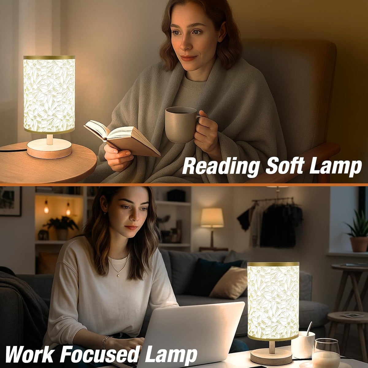 Compact plug-in table lamp with flaxen fabric shade, view 5