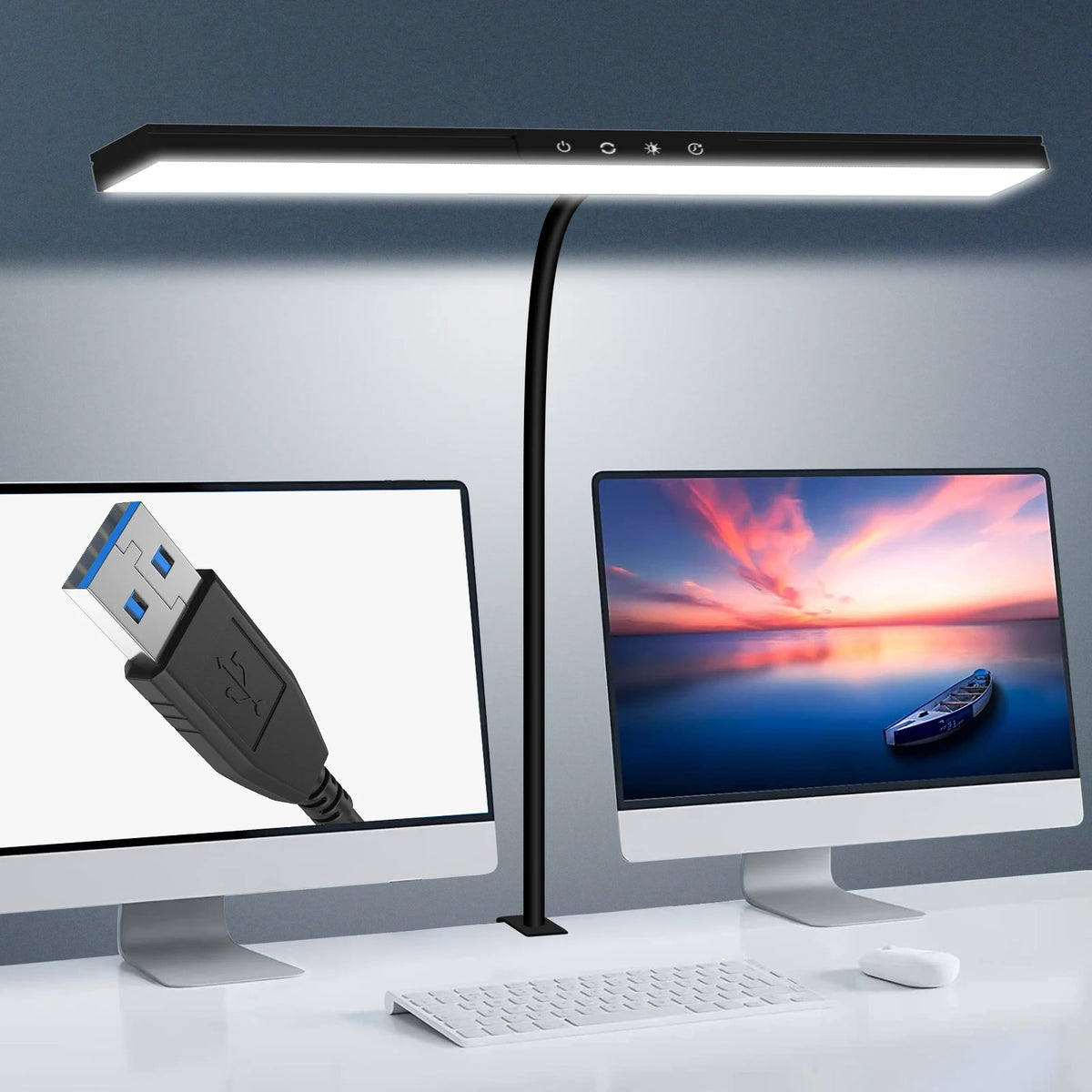 Black gooseneck clamp desk lamp with a wide 40 cm LED head