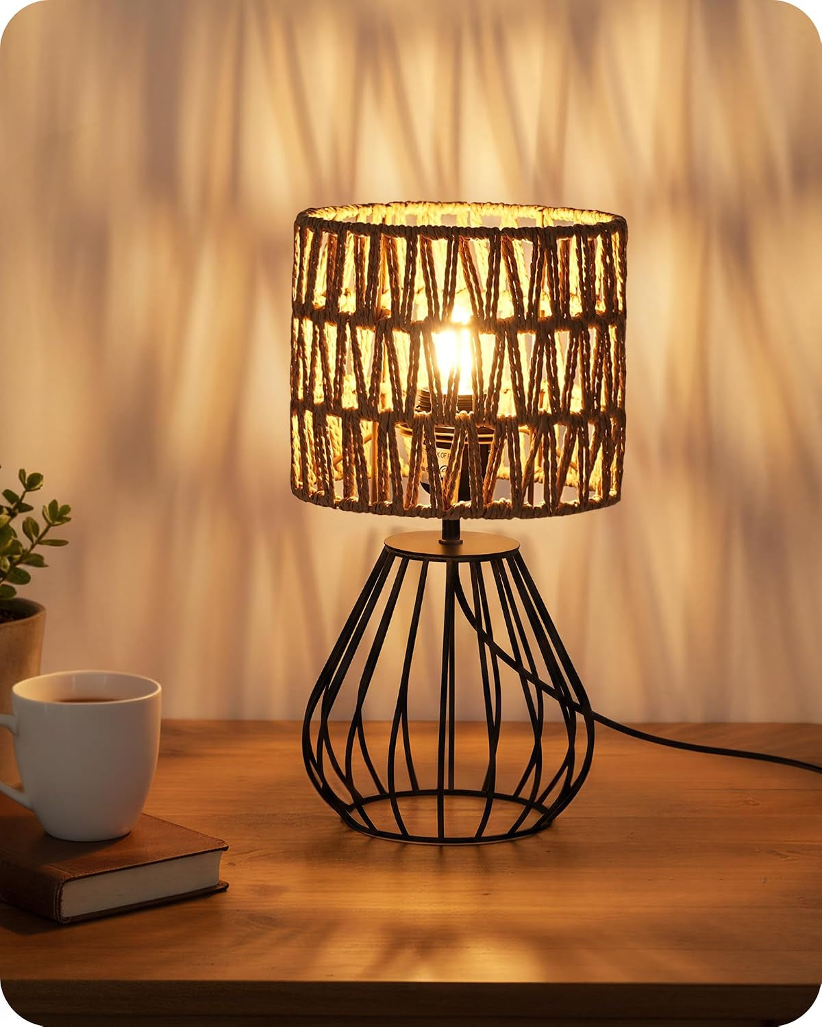 Boho table lamp with handwoven shade