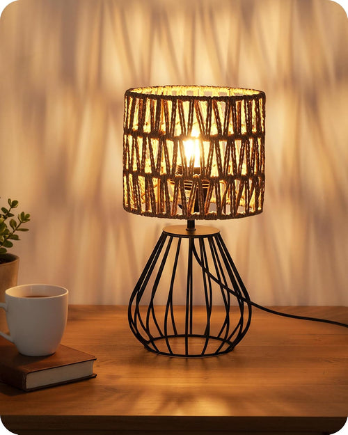 Boho table lamp with handwoven shade