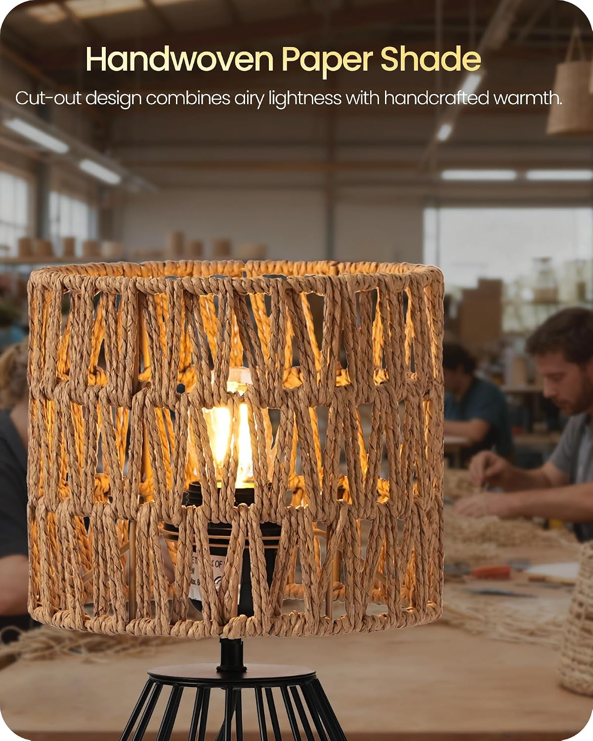 Boho table lamp with handwoven shade, view 4