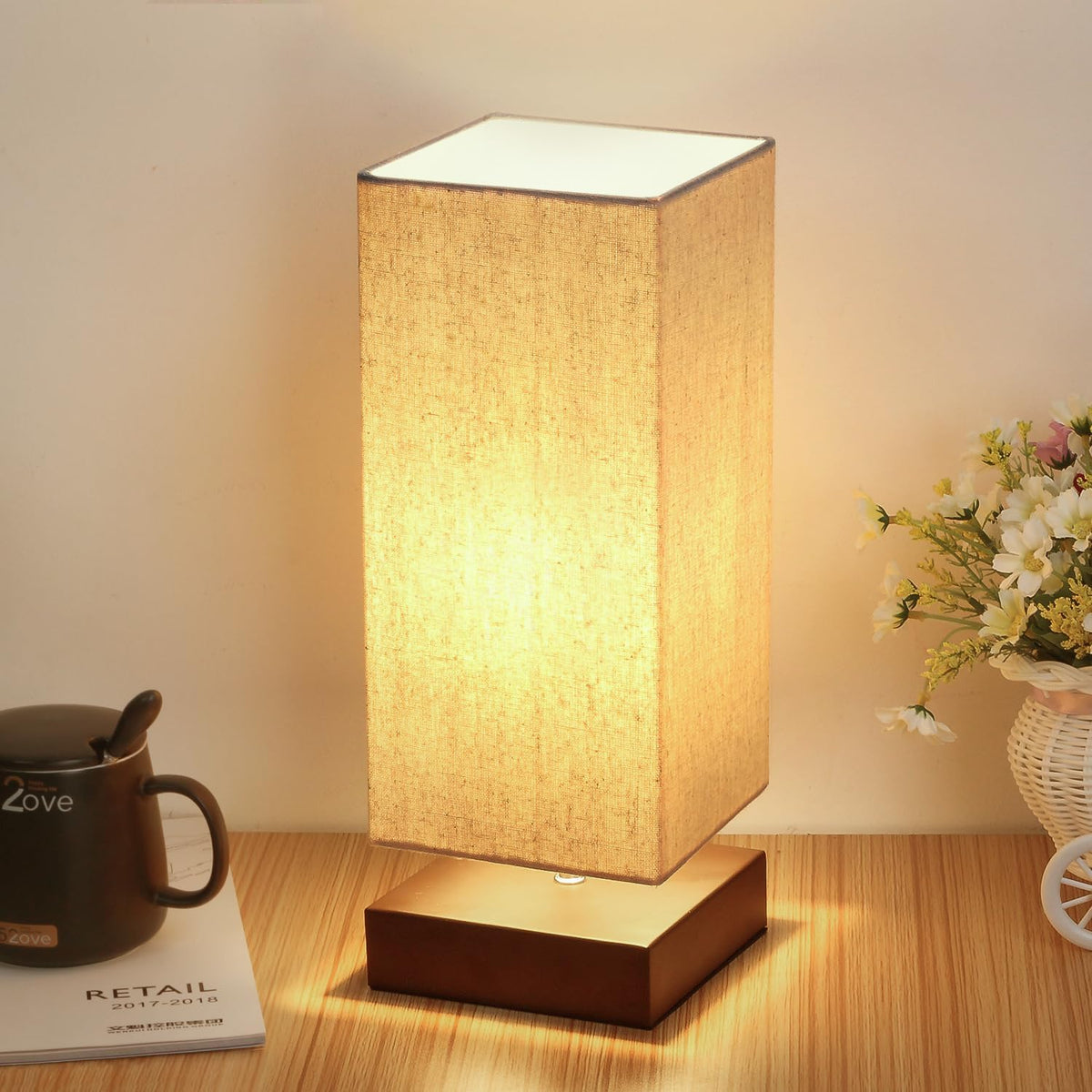 Touch dimmable bedside table lamp with beige fabric shade