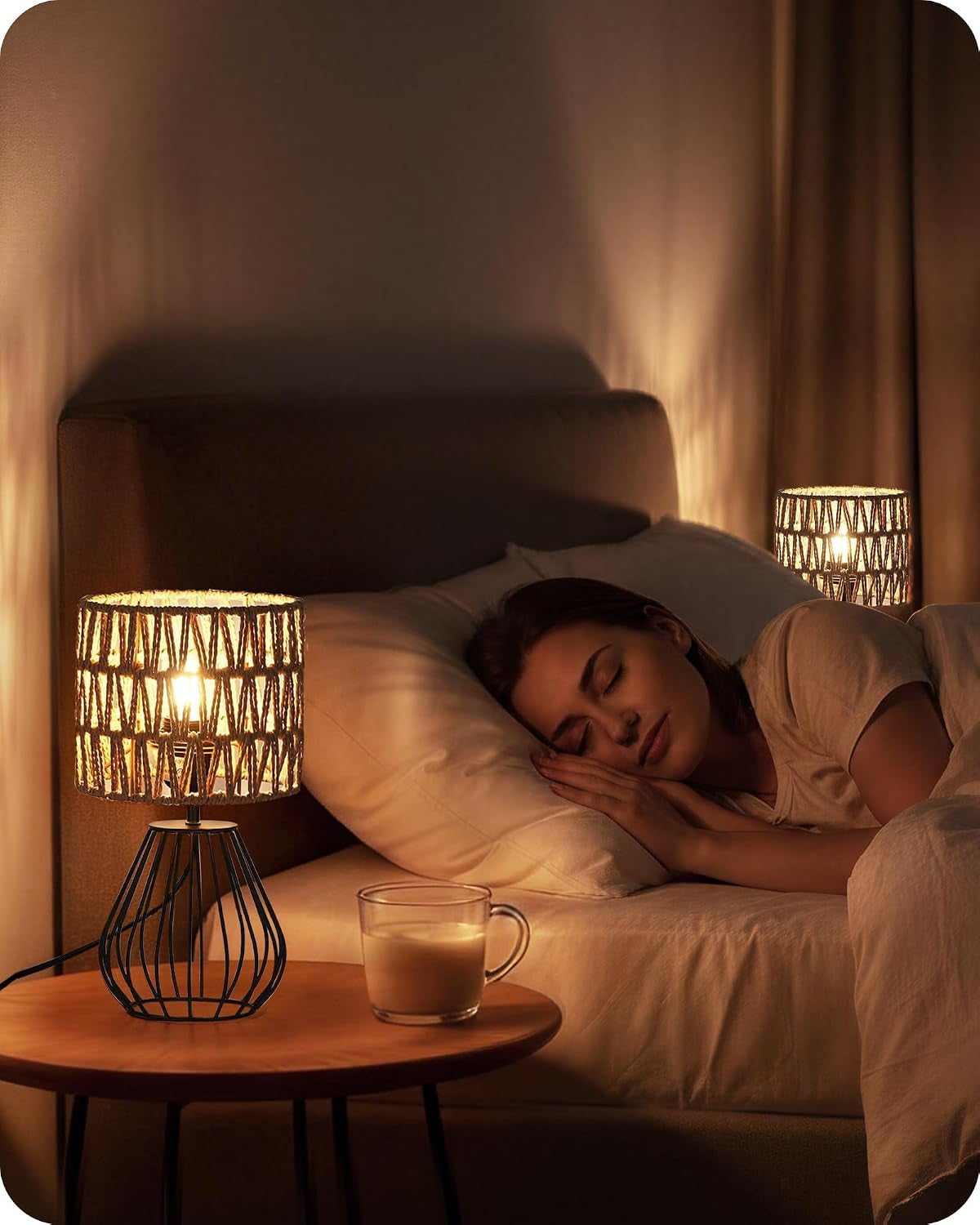 Boho table lamp with handwoven shade, view 3